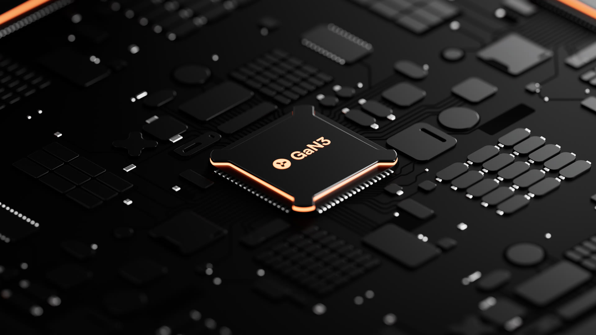 The GaN3 chip on a circuit board, edged in Fortys orange